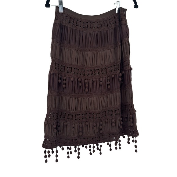 Trina Turk Dresses & Skirts - Trina Turk Los Angeles Brown Y2K silk Skirt‎ Pom Pom trim festival artsy boho